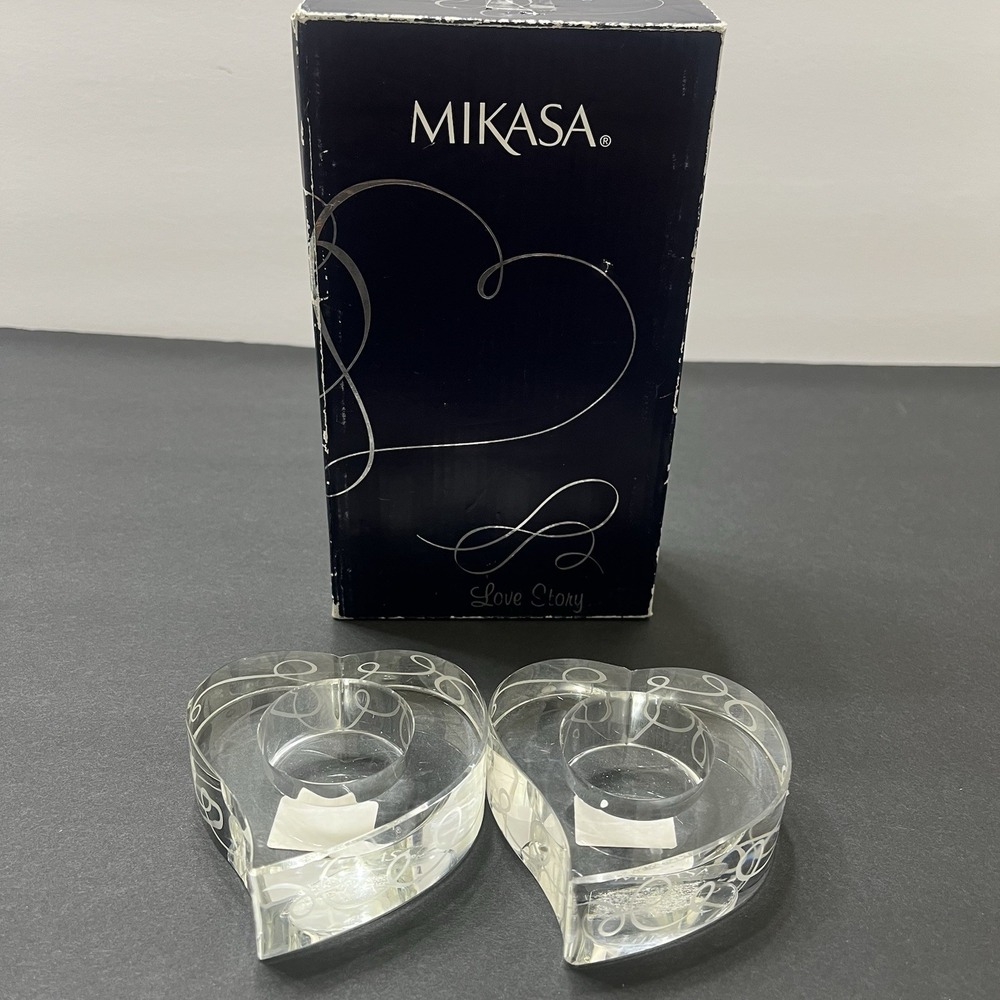 Mikasa Love Story Crystal Heart Tealight Candle Holders 3" Set Of 2 Original Box